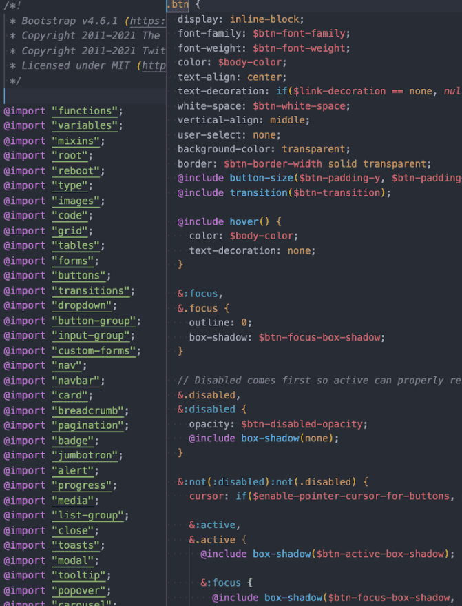 On the left side, you can see the different files that come with Bootstrap, and on the right, an example of the Bootstrap's button class and what it includes.