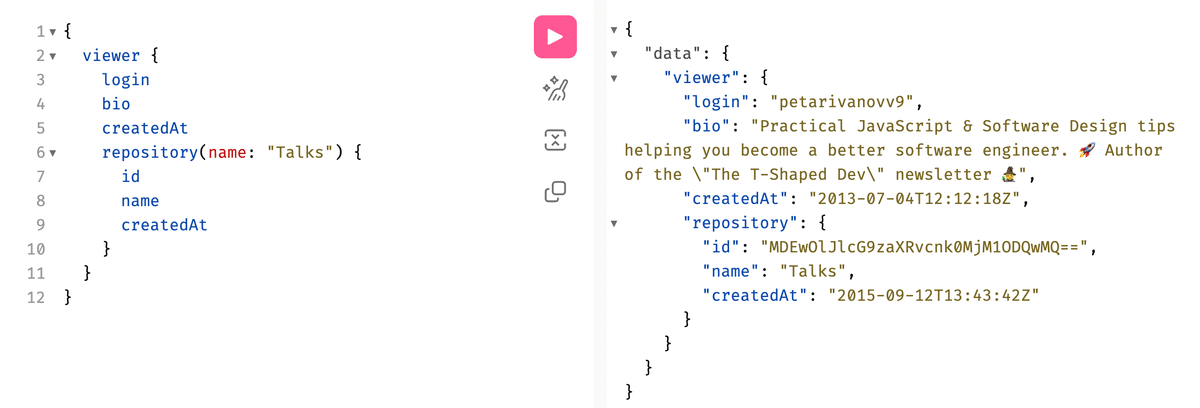 GraphQL query requesting specific fields from the GitHub API